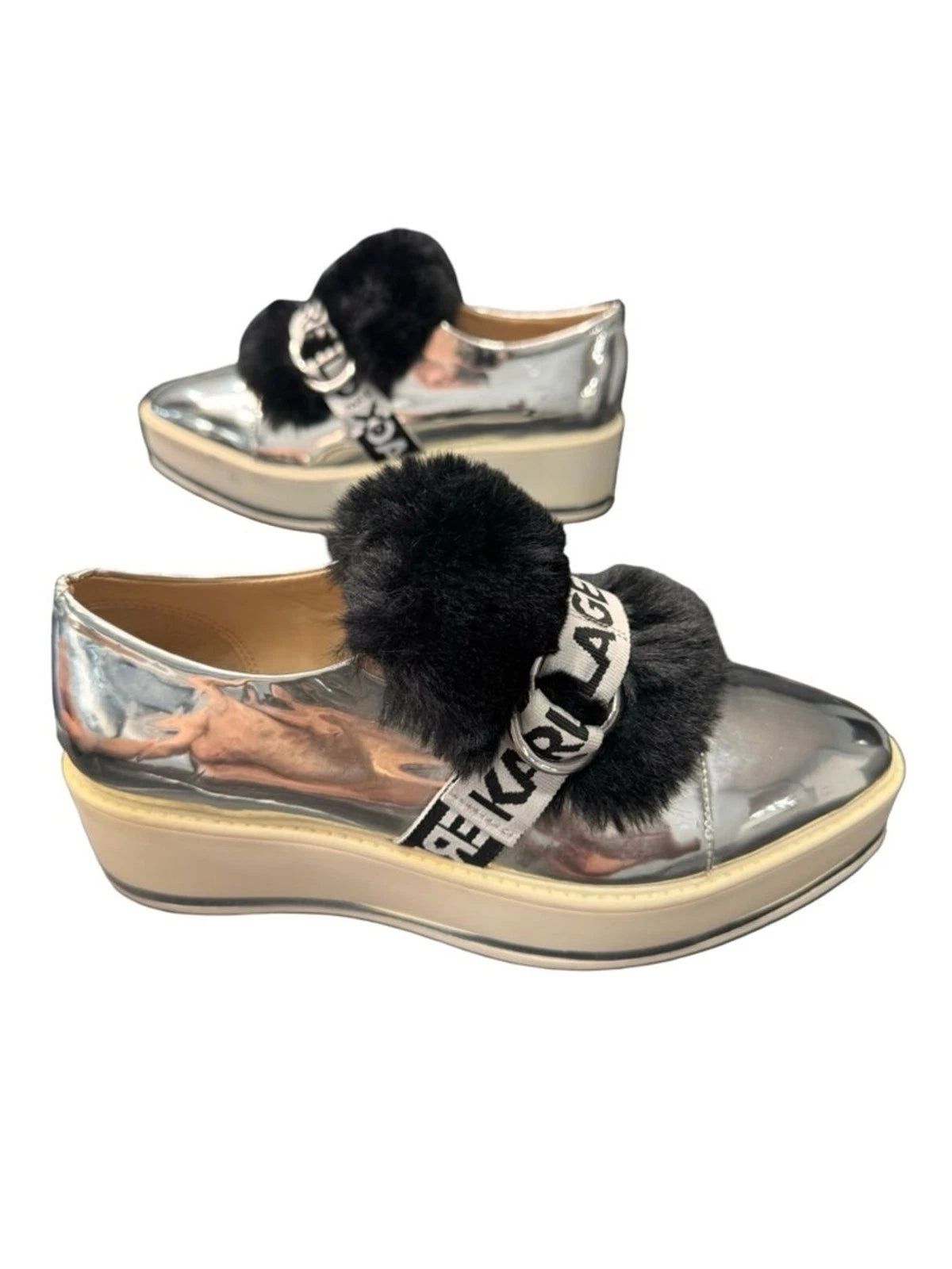 Karl Lagerfeld Paris Birdie Sneaker Mule Women's 8 Silver Fur Platform Slip On