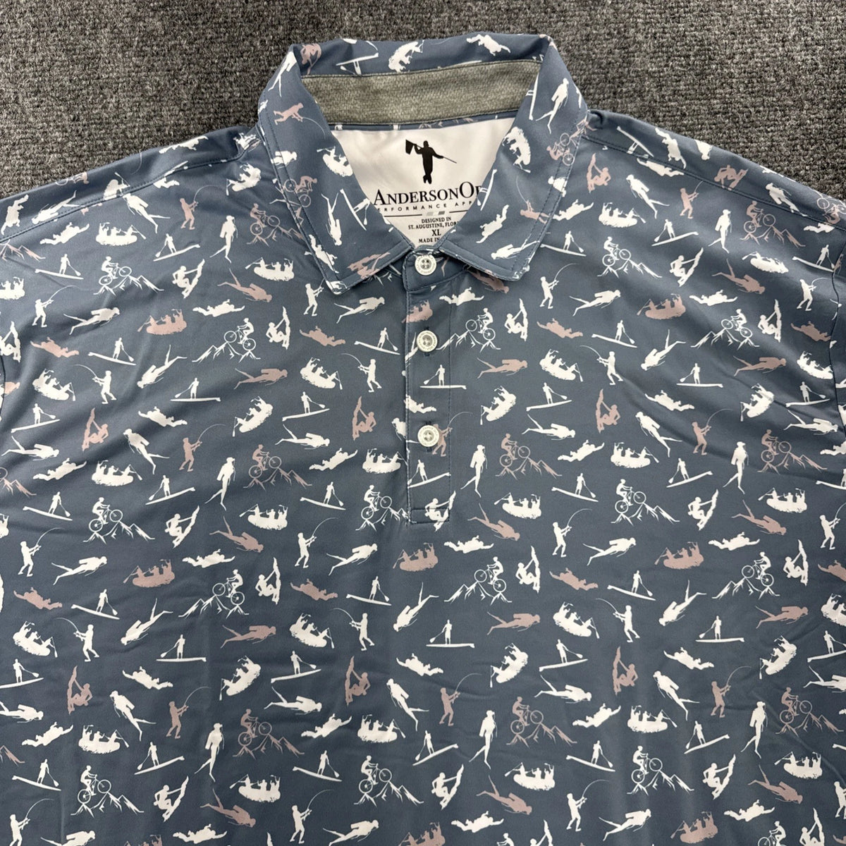 AndersonOrd Eli Polo Mens XL Golf Outdoor Fishing Ski Cycling Bluefin Print NWT