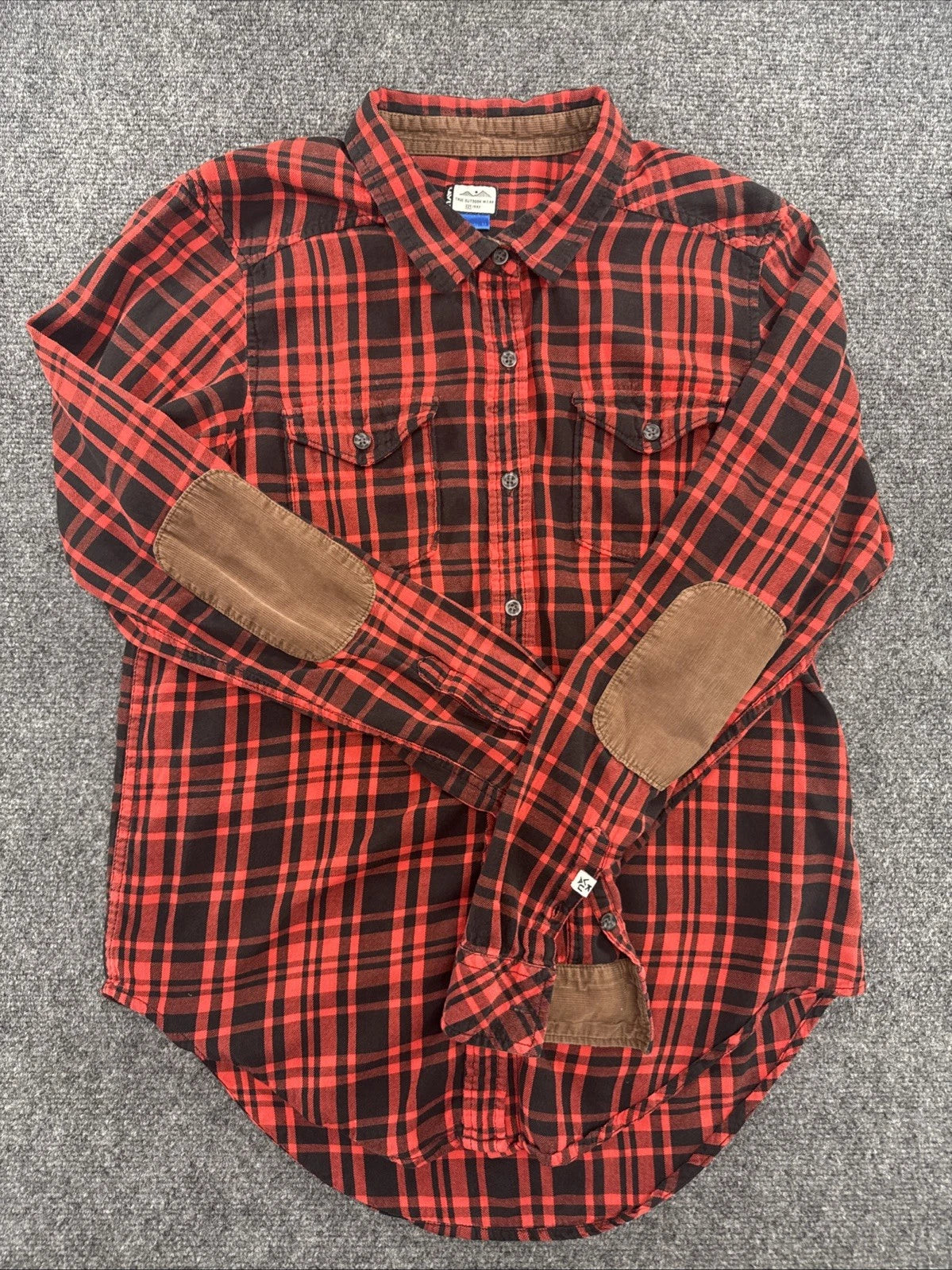 KAVU Women's M Red Black Plaid Flannel Shirt Corduroy Elbow Patches Outdoor