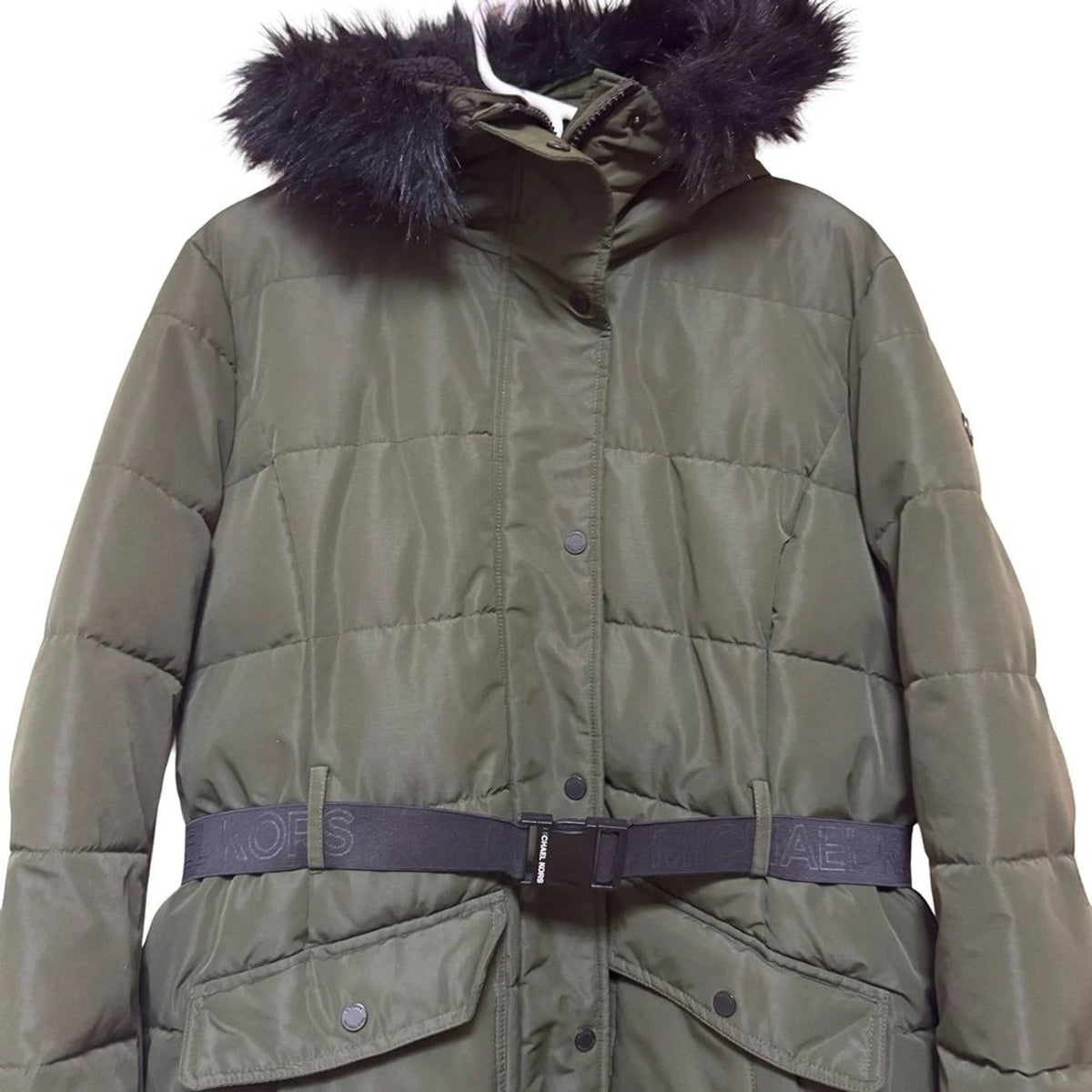 MICHAEL Michael Kors Olive Green Puffer Jacket Womens XL Faux Fur Hood