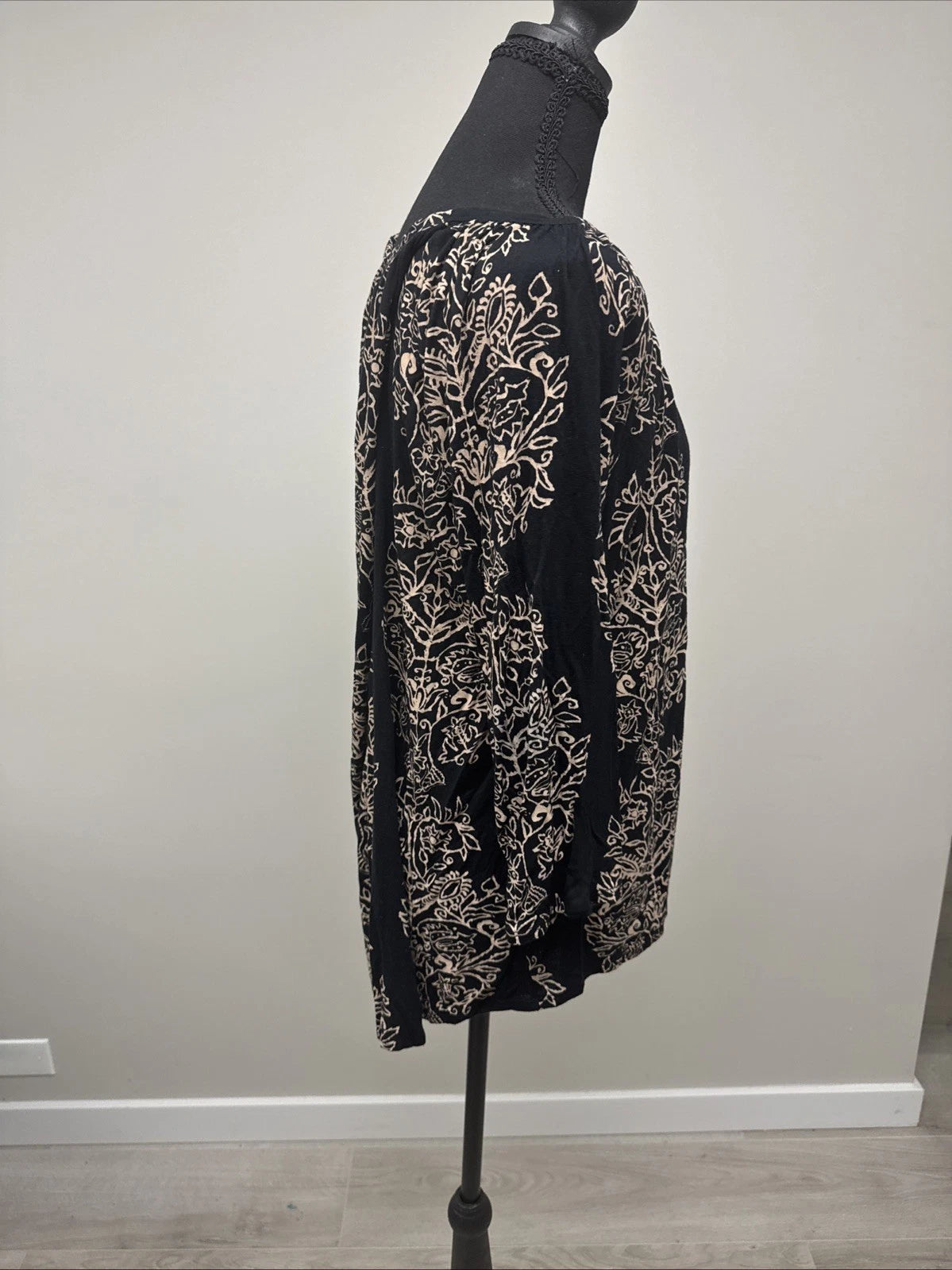 Lucky Brand Floral Peasant Top Women's 1X Black Beige Boho 3/4 Sleeve Blouse