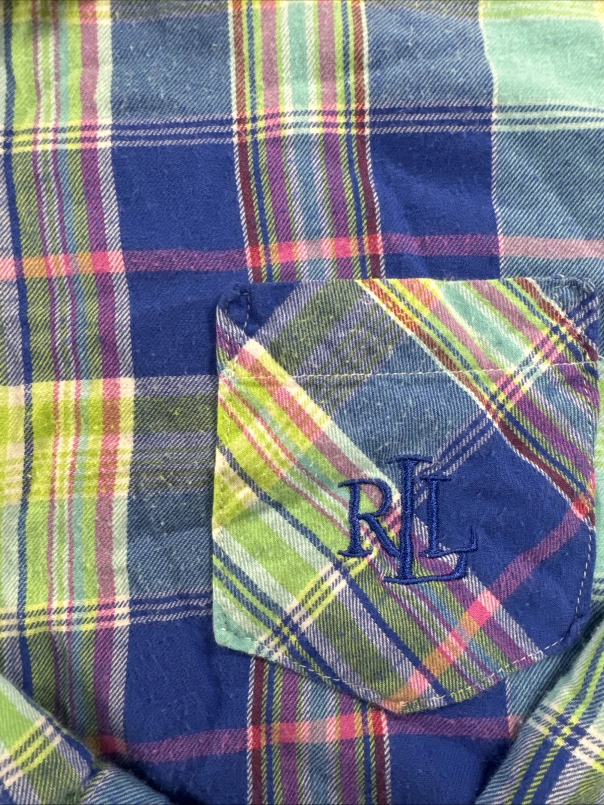Lauren Ralph Lauren Madras Plaid Shirt Womens M Blue Green Pink RL Monogram