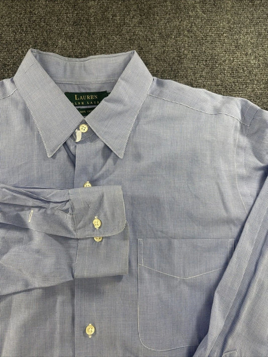 Lauren Ralph Lauren Mens 16.5 34-35 Blue Micro Check Cotton Shirt NWOT