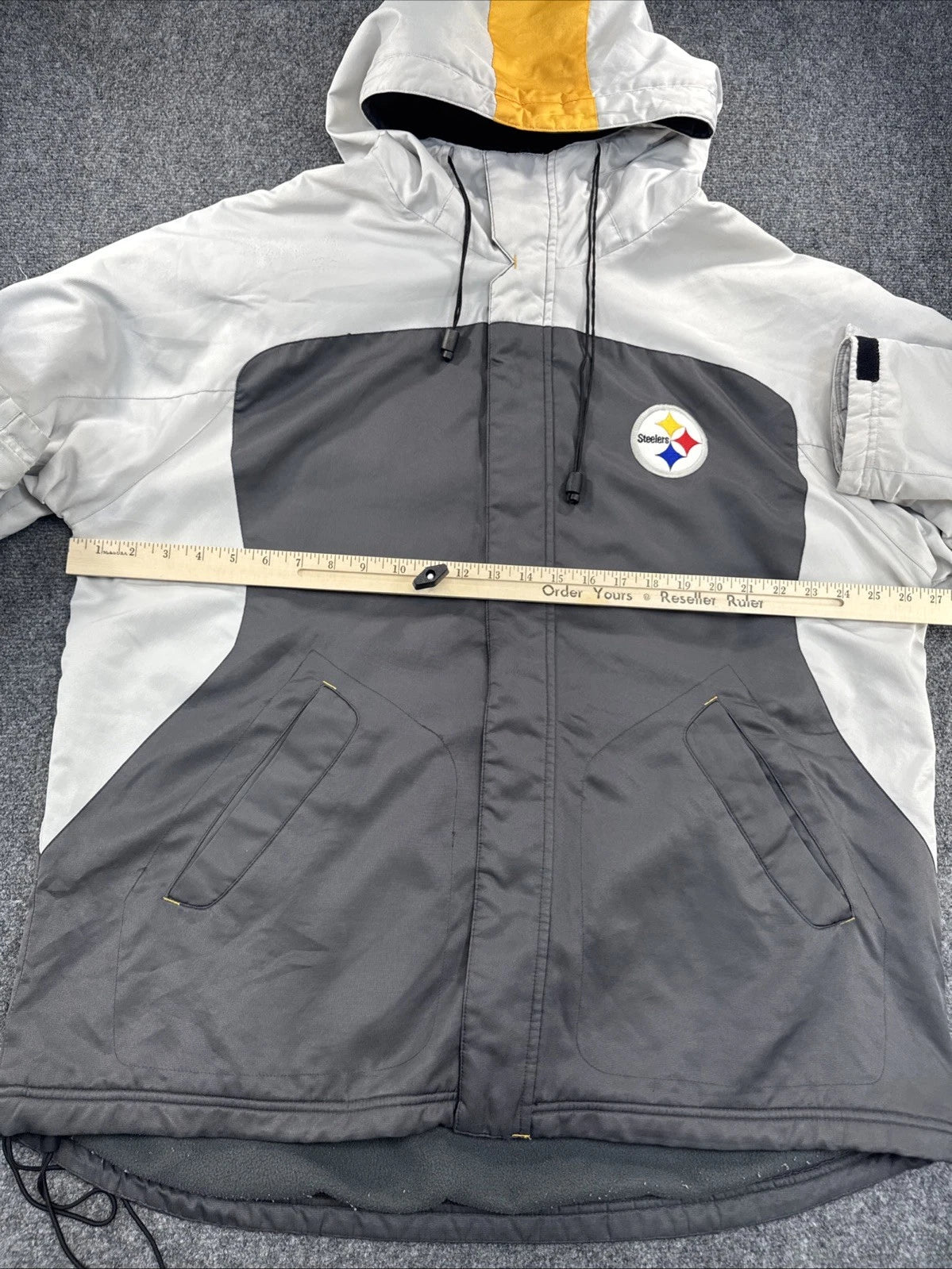 Reebok Pittsburgh Steelers Jacket Mens XL Hooded Fleece Lined Gray White Yellow