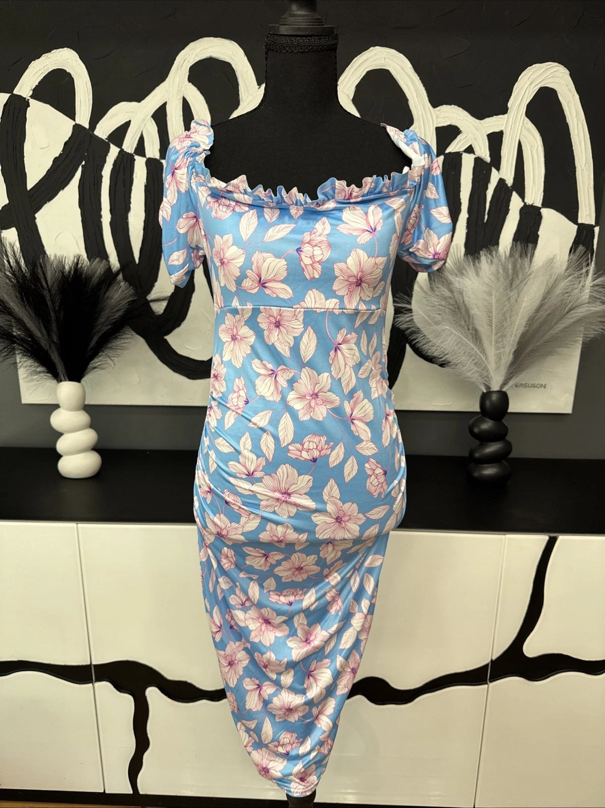 Boohoo Maternity Blue Pink Floral Off Shoulder Ruched Midi Dress Size 8 NWT