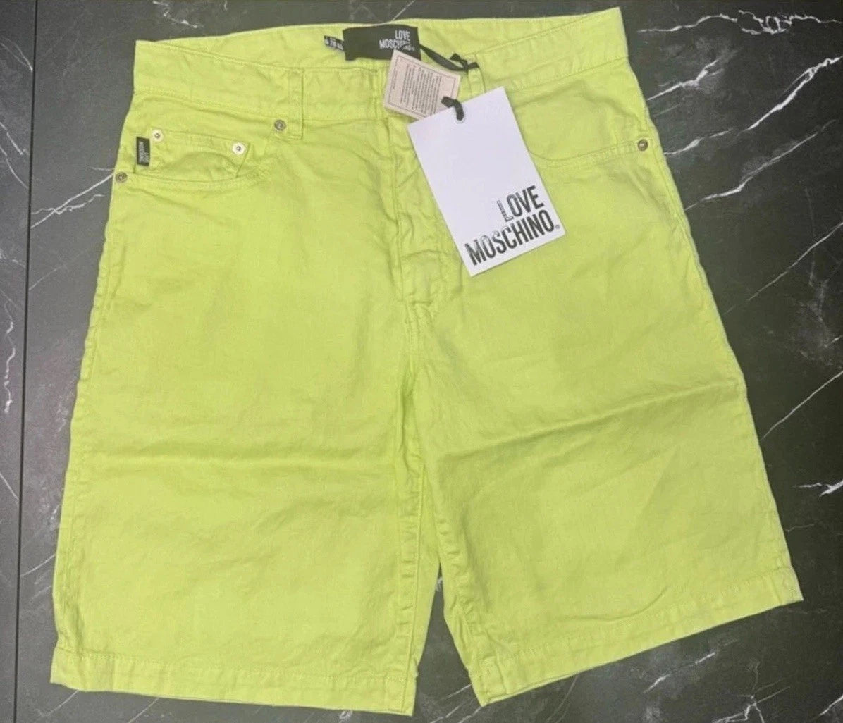 Love Moschino Mens 32 Neon Lime Green Denim Shorts NWT Designer Summer