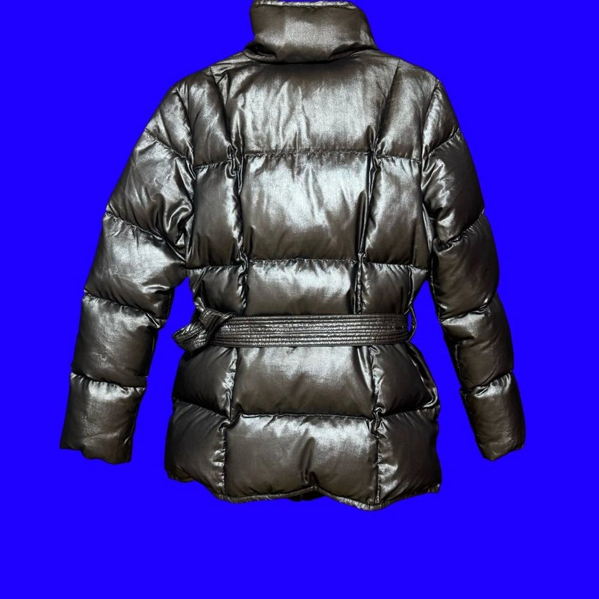 Lauren Ralph Lauren Womens M Gray Silver Belted Down Puffer Jacket Shiny