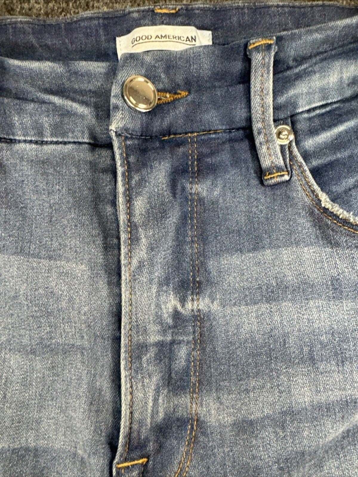 Good American Good Waist Jeans Women 12/31 Blue Raw Frayed Hem Stretch