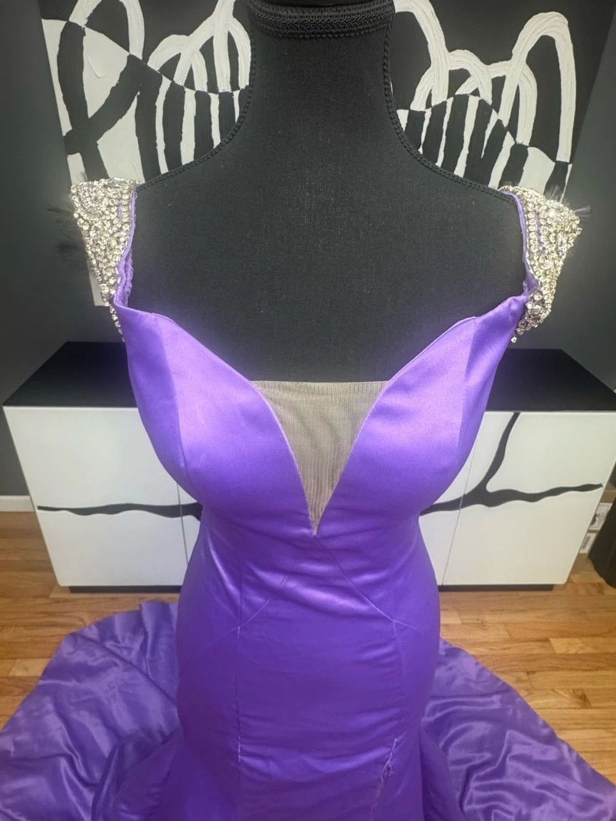Rachel Allan Purple Satin Mermaid Gown Size 2 Pearl Strap Prom Dress Train
