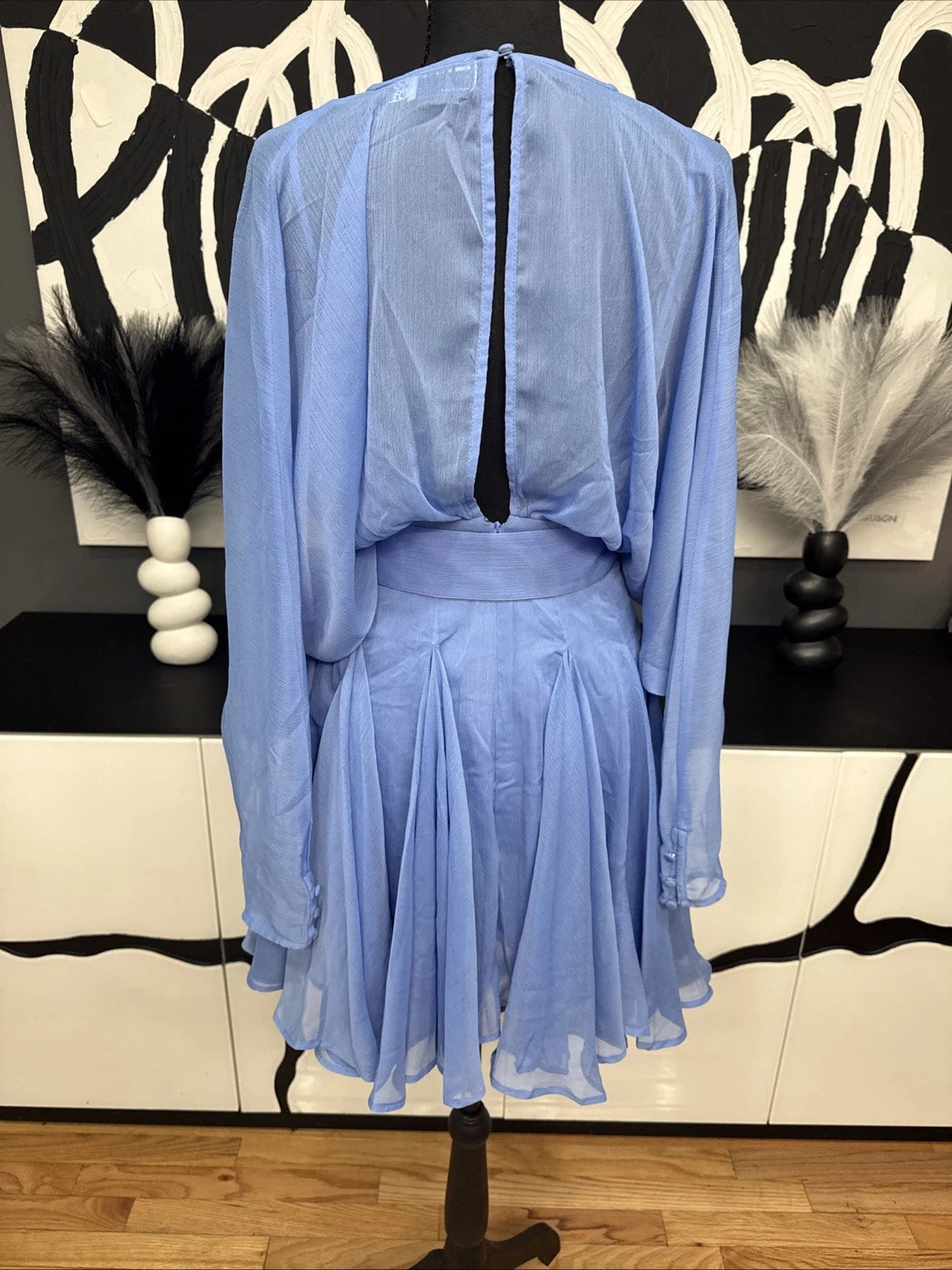 ASOS DESIGN Blue Chiffon Mini Dress Women's 4 Long Sleeve Belted NWT