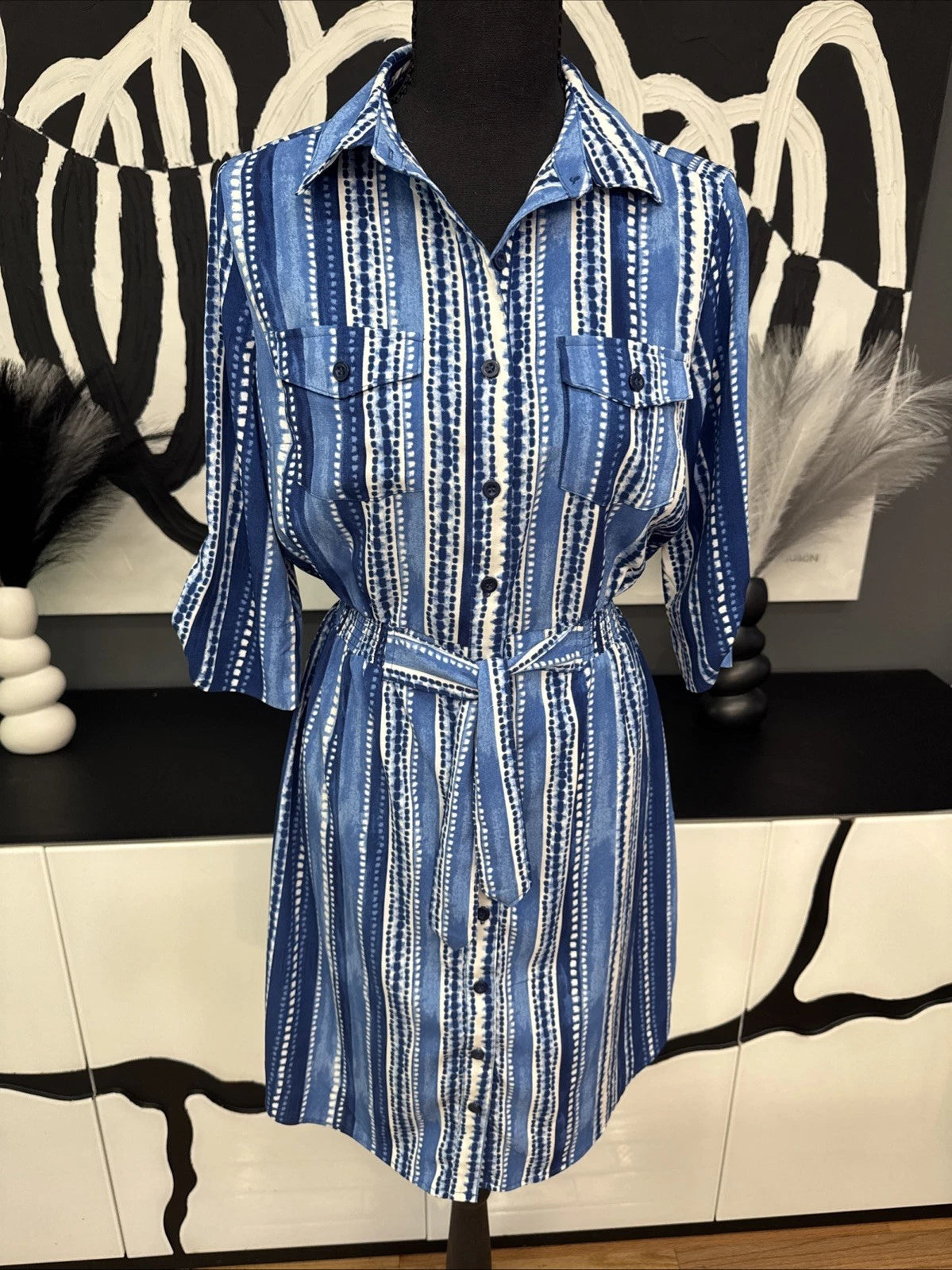 Millenium Blue Stripe Shirt Dress Belted Women's Small Roll Tab Sleeve