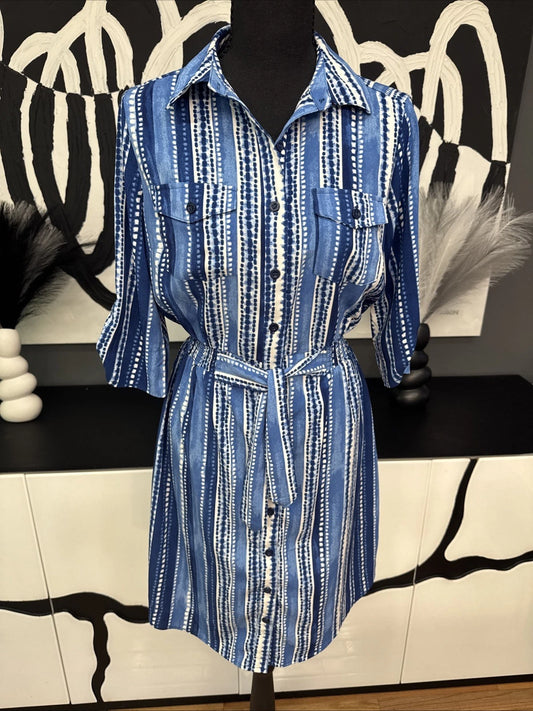 Millenium Blue Stripe Shirt Dress Belted Women's Small Roll Tab Sleeve