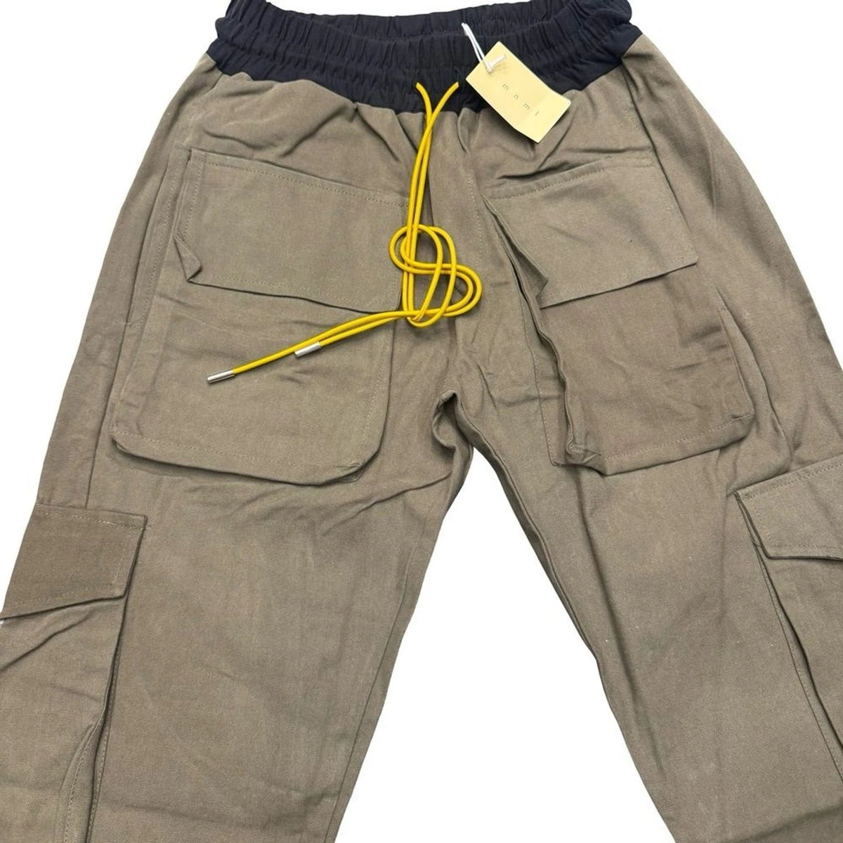 MNML Mens XS Olive Green Cargo Pants Yellow Drawstring Streetwear Utility