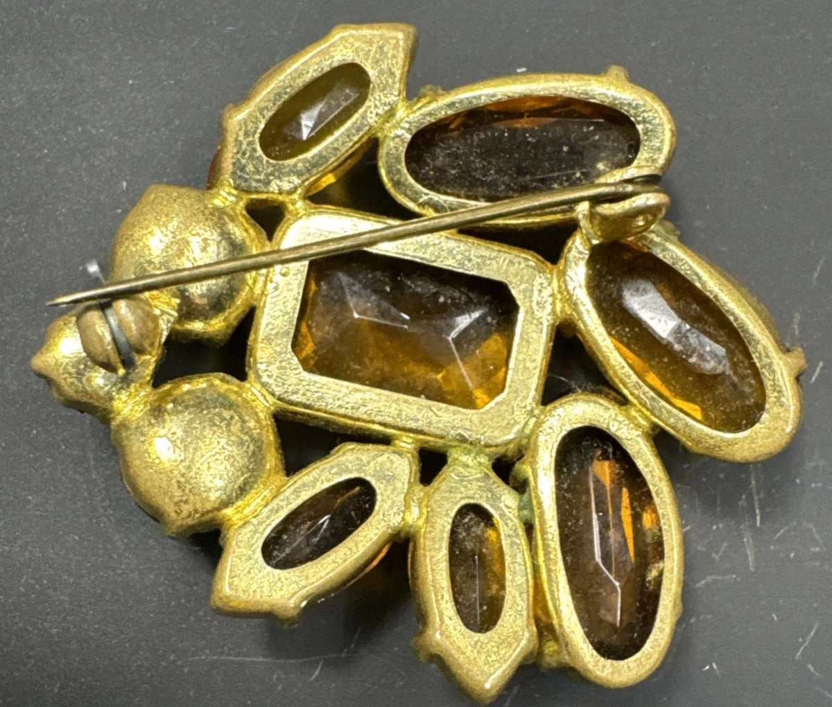 Lot 2 Vintage Czech Glass Brooches Red Amber Yellow Brown Rhinestone Pins