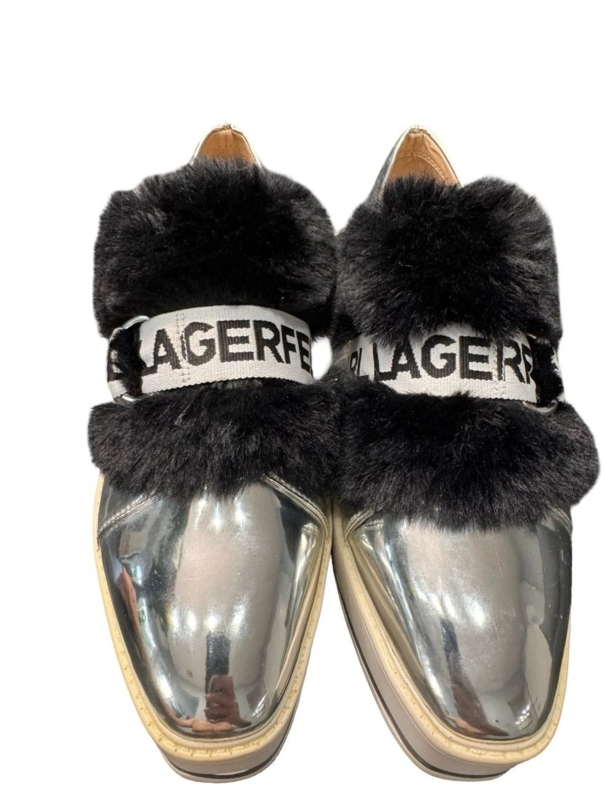 Karl Lagerfeld Paris Birdie Sneaker Mule Women's 8 Silver Fur Platform Slip On