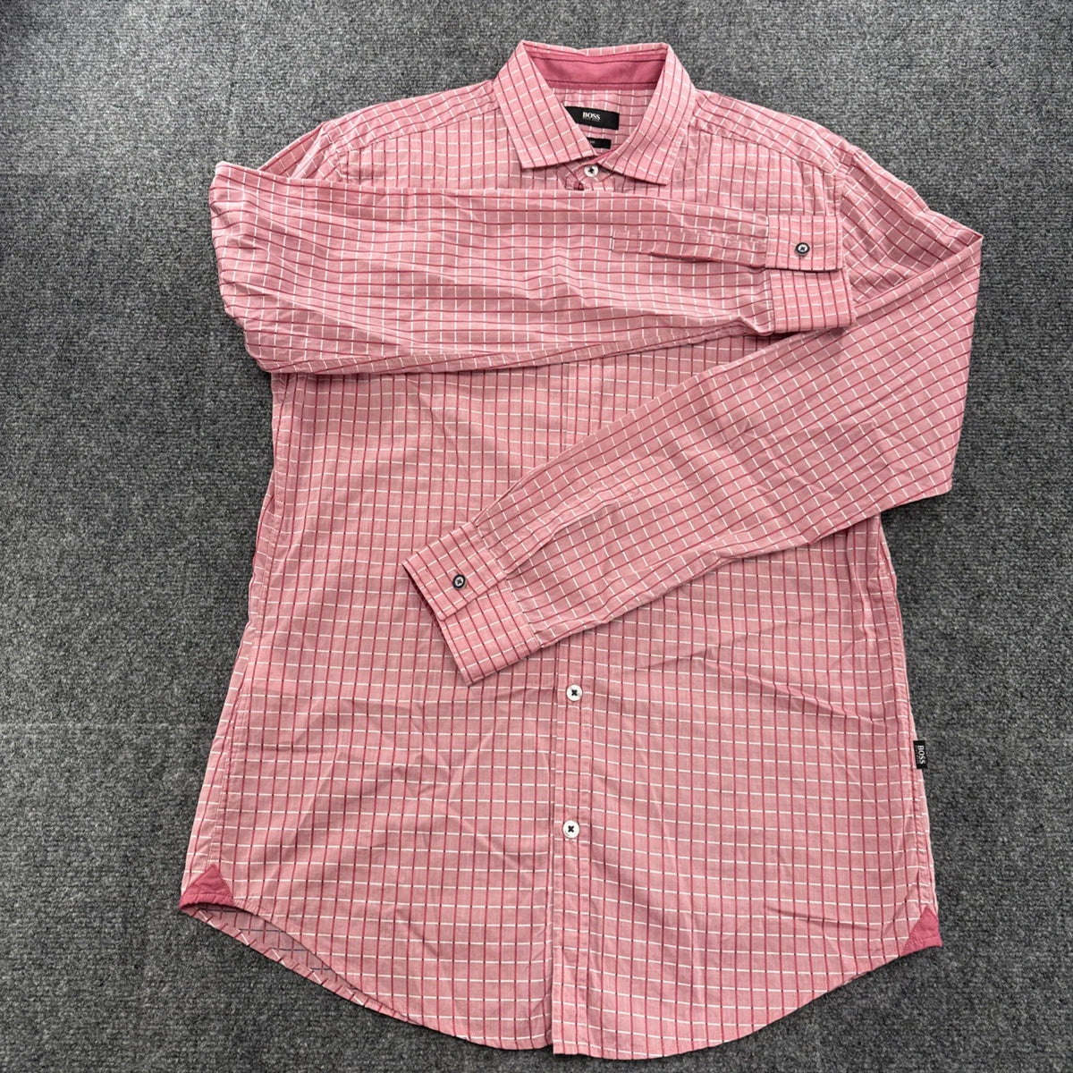 Hugo Boss Slim Fit Dress Shirt Medium Pink Check Button Front Long Sleeve