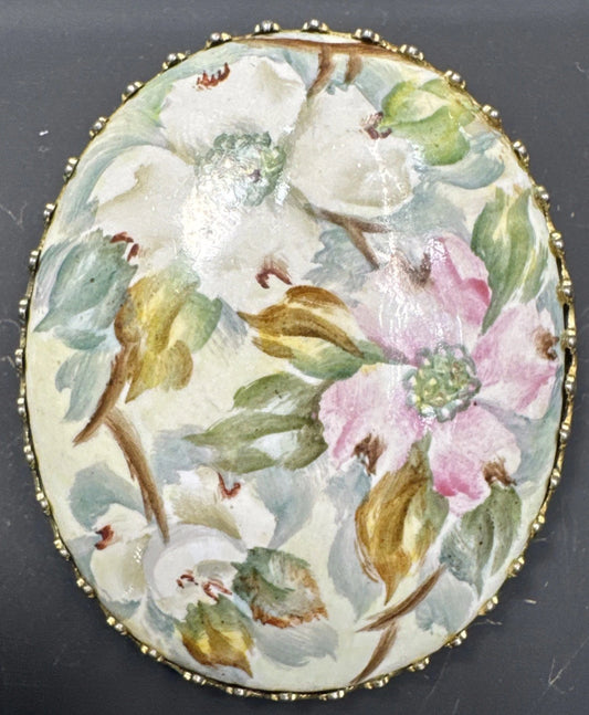 Victorian French Roses Hand Painted Porcelain Brooch Oval Floral Pin Vintage