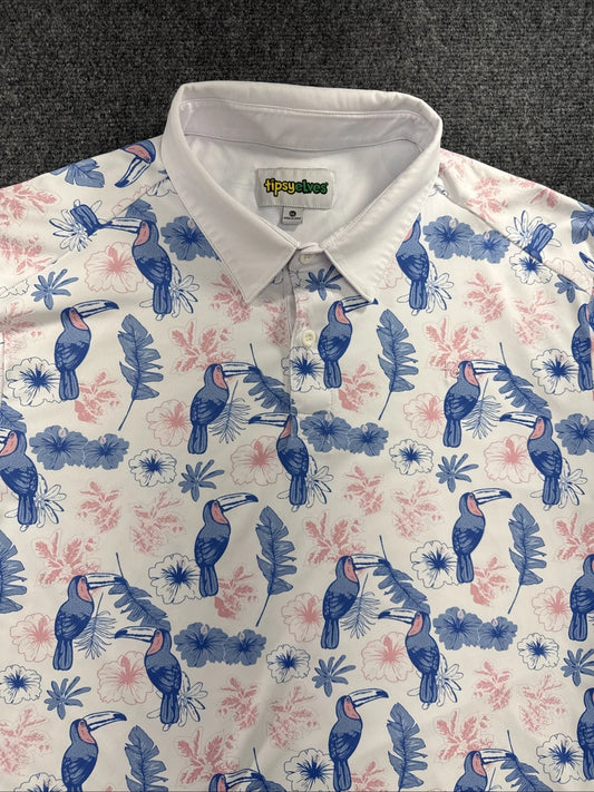 Tipsy Elves Toucan Tropical Floral Golf Polo Shirt Men’s XXL Performance