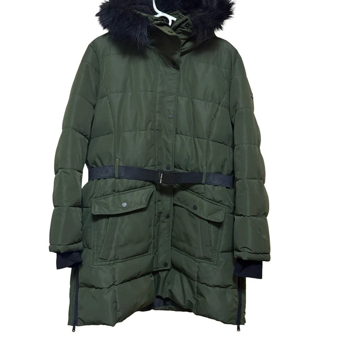 MICHAEL Michael Kors Olive Green Puffer Jacket Womens XL Faux Fur Hood