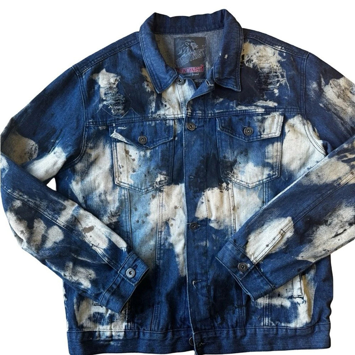 Lion Dynasty Paint Splatter Denim Jacket Men’s XXL Blue Streetwear