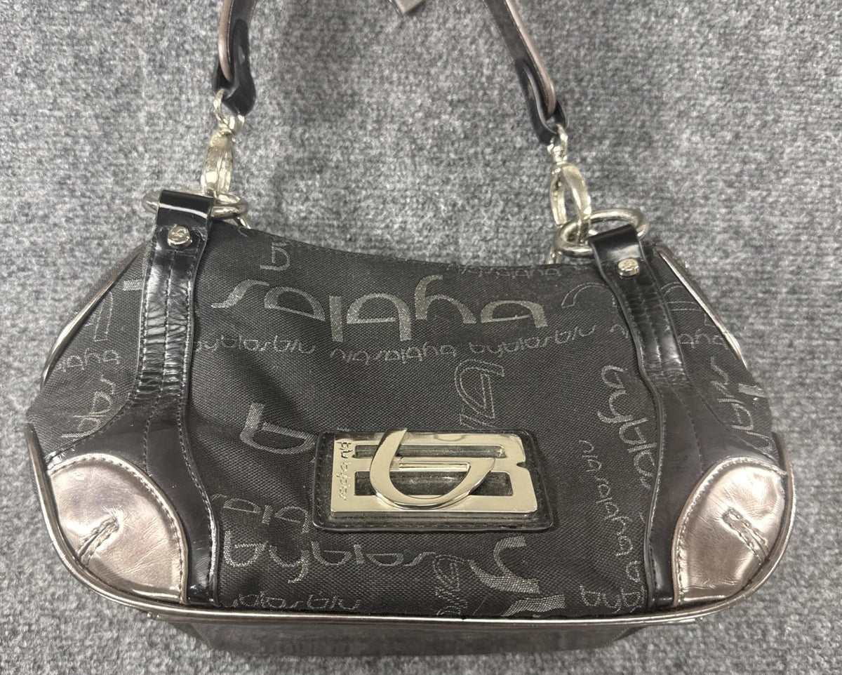 Byblos Y2K Monogram Shoulder Bag Black Jacquard Patent Leather Logo Purse