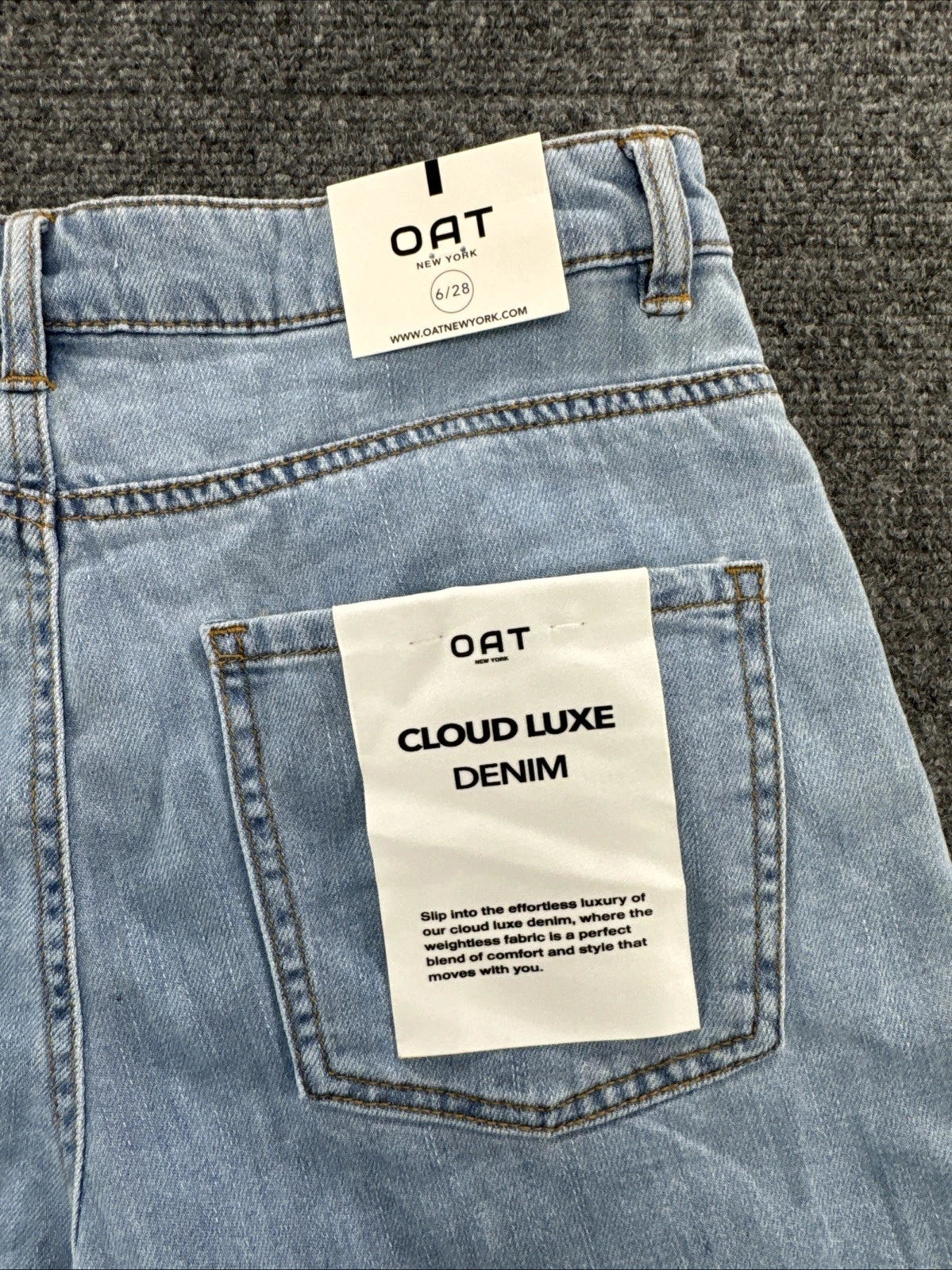 OAT New York Cloud Luxe Denim Shorts 28 Light Wash High Rise Raw Hem NWT