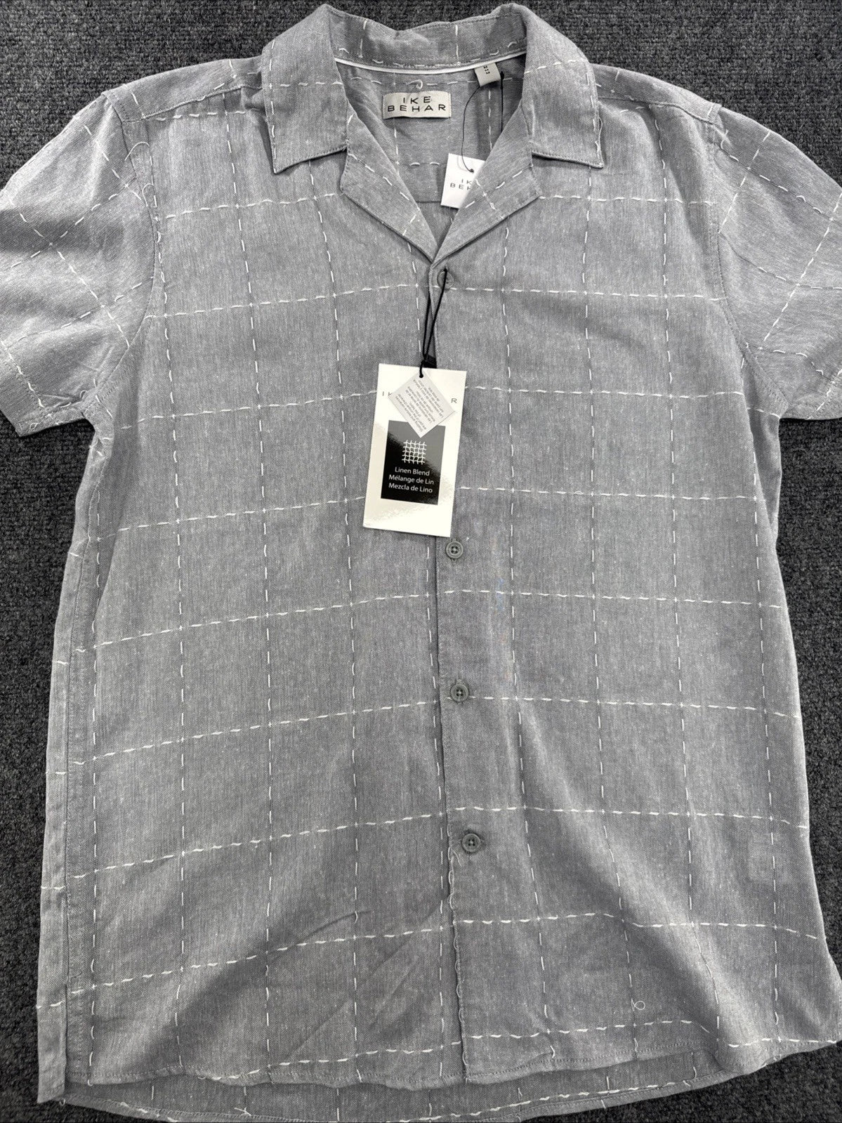 Ike Behar Linen Blend Camp Shirt Mens M Gray White Windowpane NWT