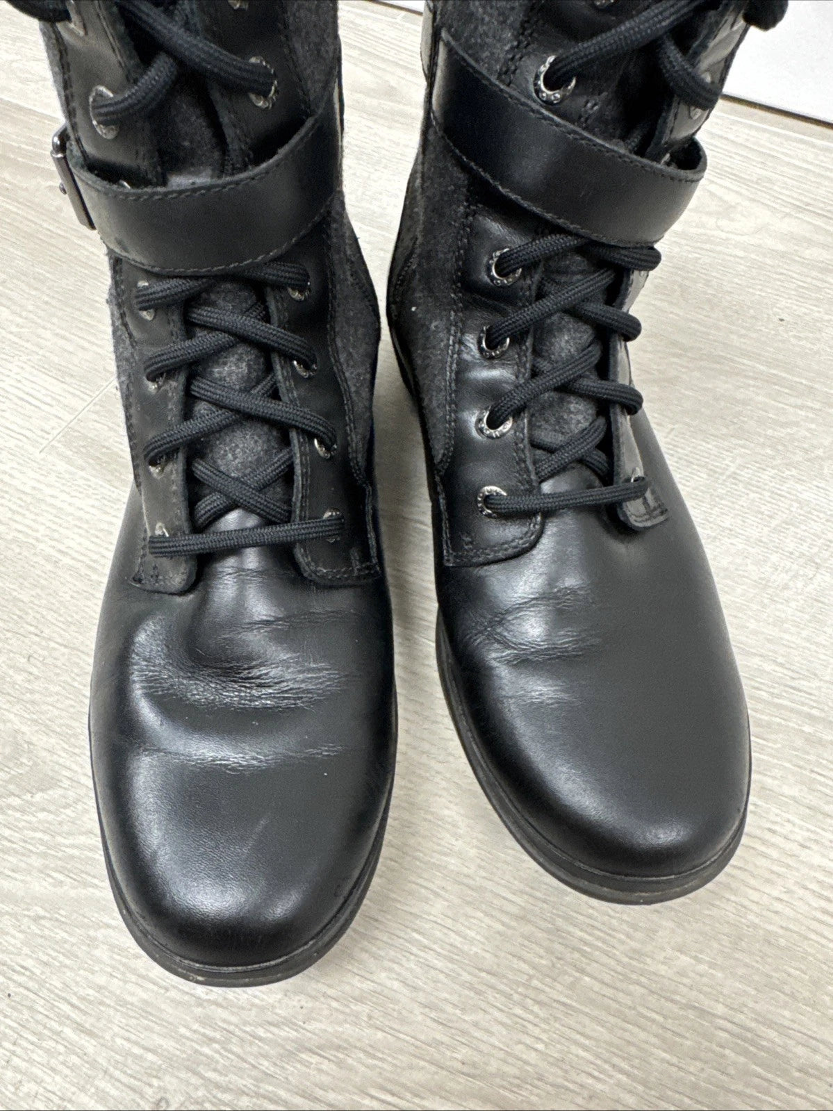 UGG Kesey Boots Women 8 Black Leather Wool Waterproof Lace Up 1005264