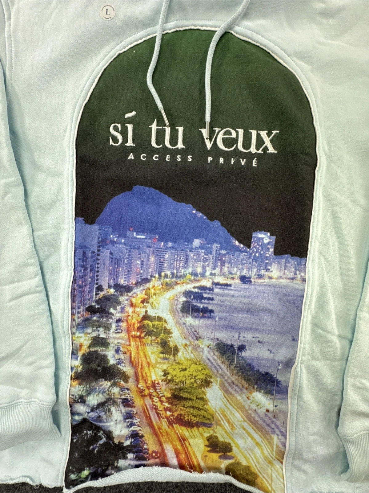 Sí Tu Veux Riviera Hoodie Men’s Large Delicate Blue Graphic Pullover NWT Luxury