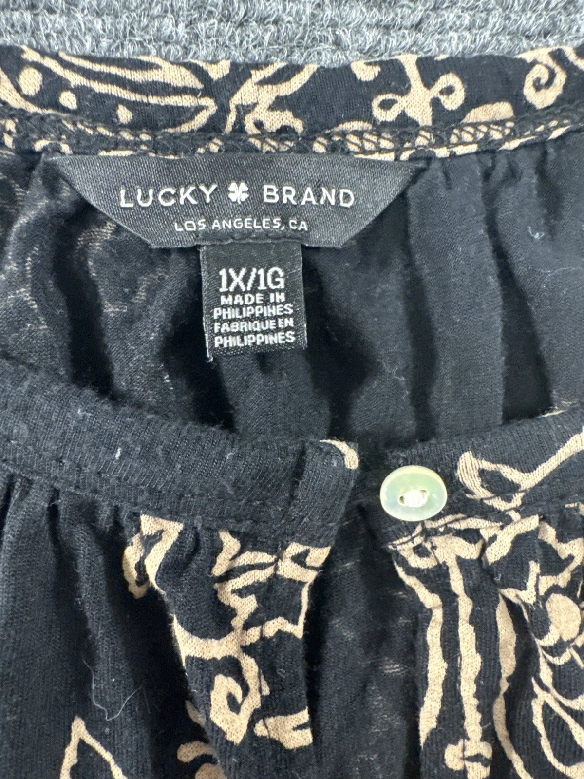 Lucky Brand Floral Peasant Top Women's 1X Black Beige Boho 3/4 Sleeve Blouse