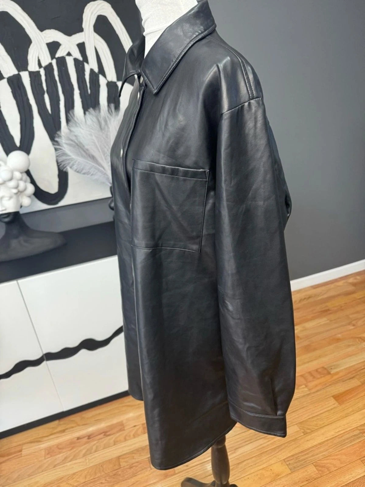 Bagatelle Black Faux Leather Coat Womens XL Snap Front Long Jacket EUC