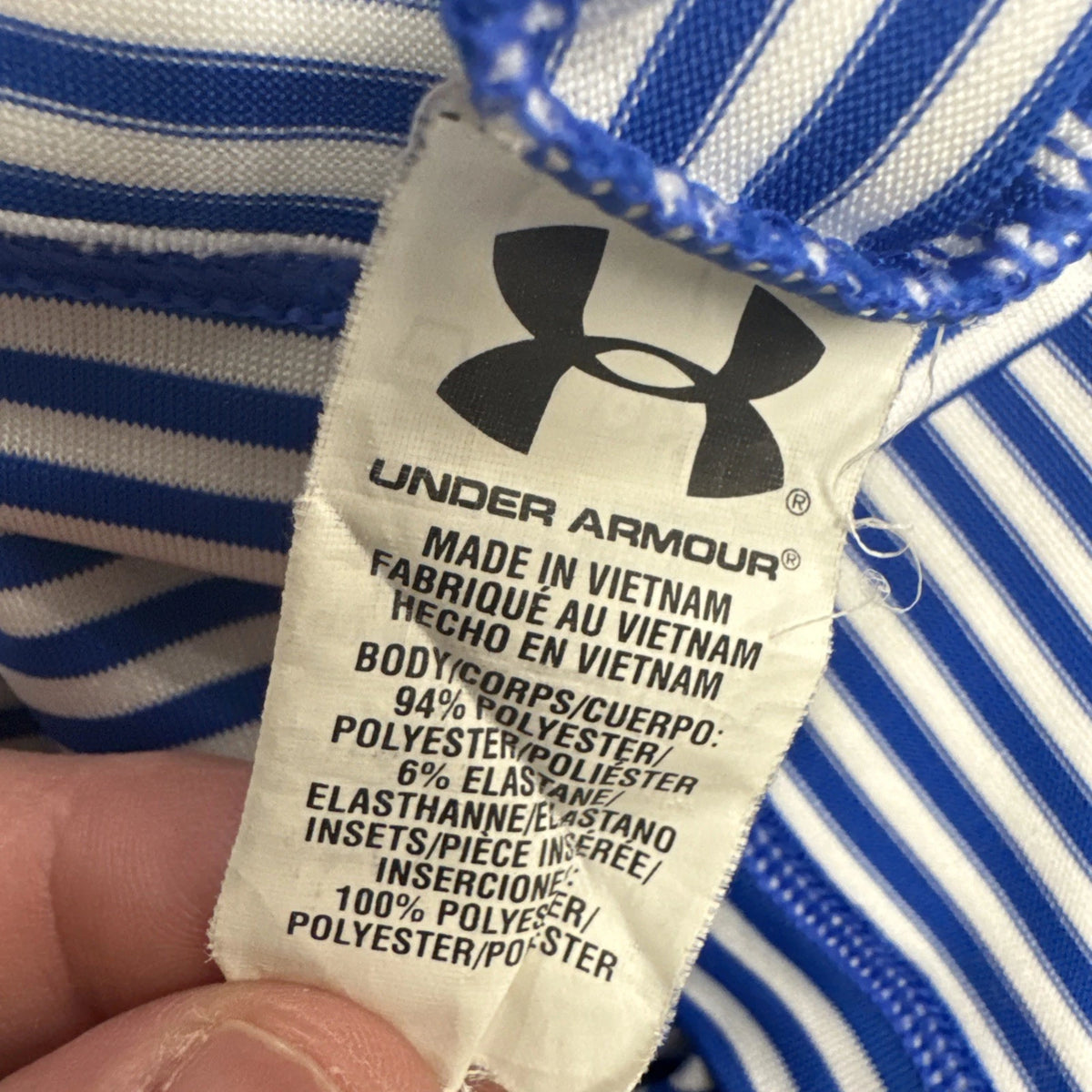 Under Armour HeatGear Blue White Striped Golf Polo Shirt Men Medium Loose Fit