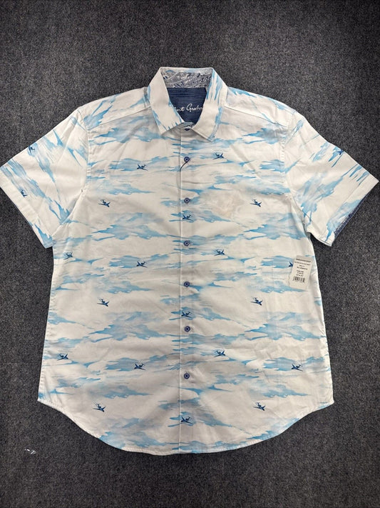 Robert Graham Fulton Shirt Men XL Airplane Cloud Print Short Sleeve NWT $198