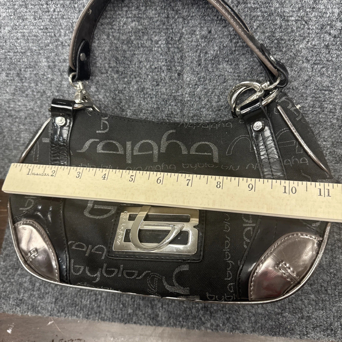 Byblos Y2K Monogram Shoulder Bag Black Jacquard Patent Leather Logo Purse