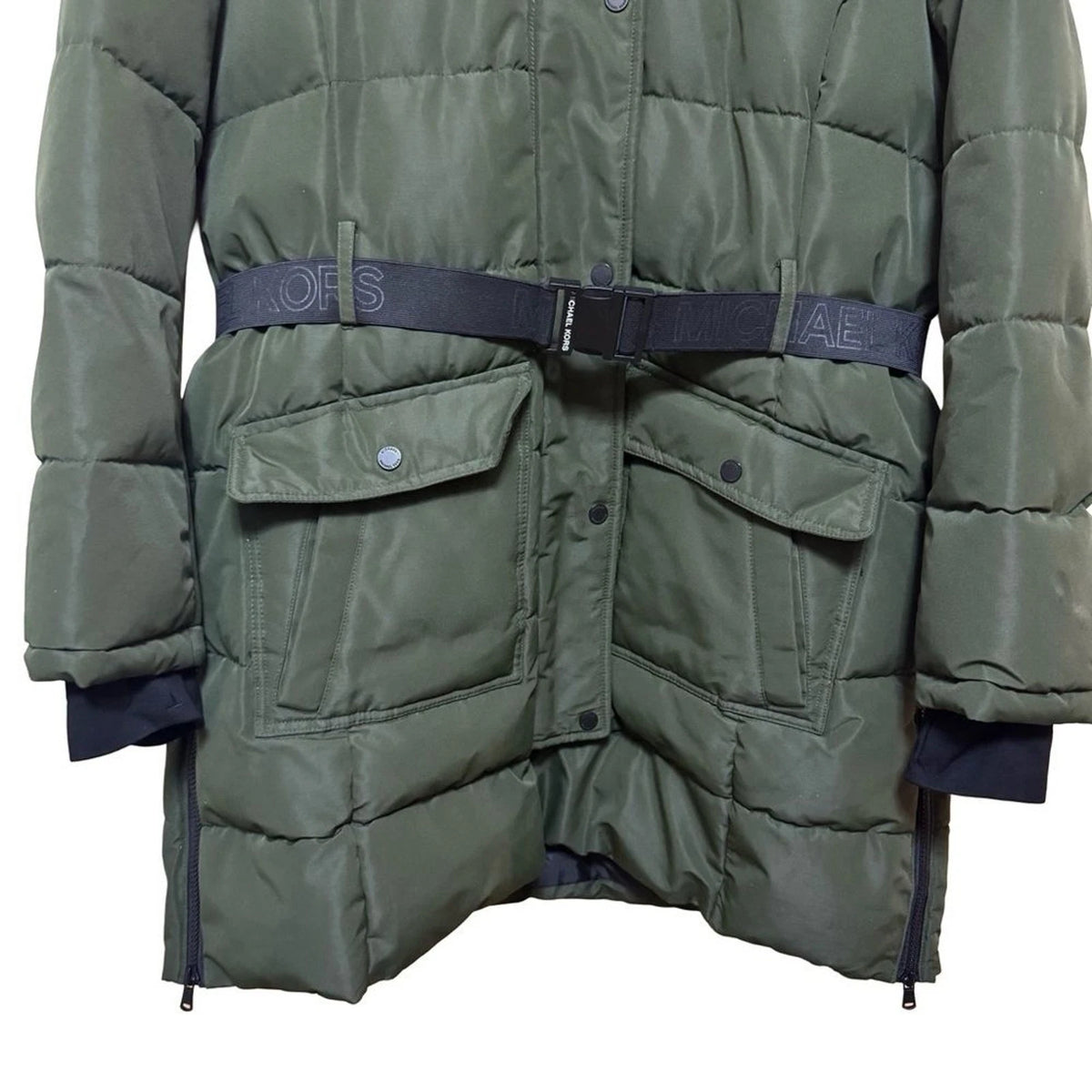 MICHAEL Michael Kors Olive Green Puffer Jacket Womens XL Faux Fur Hood