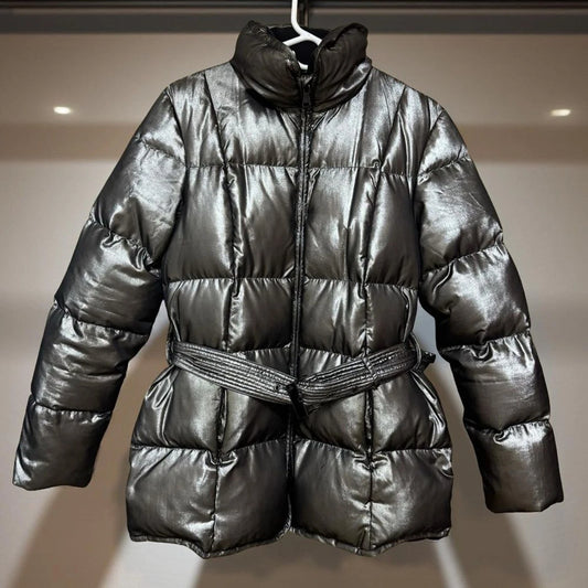 Lauren Ralph Lauren Womens M Gray Silver Belted Down Puffer Jacket Shiny