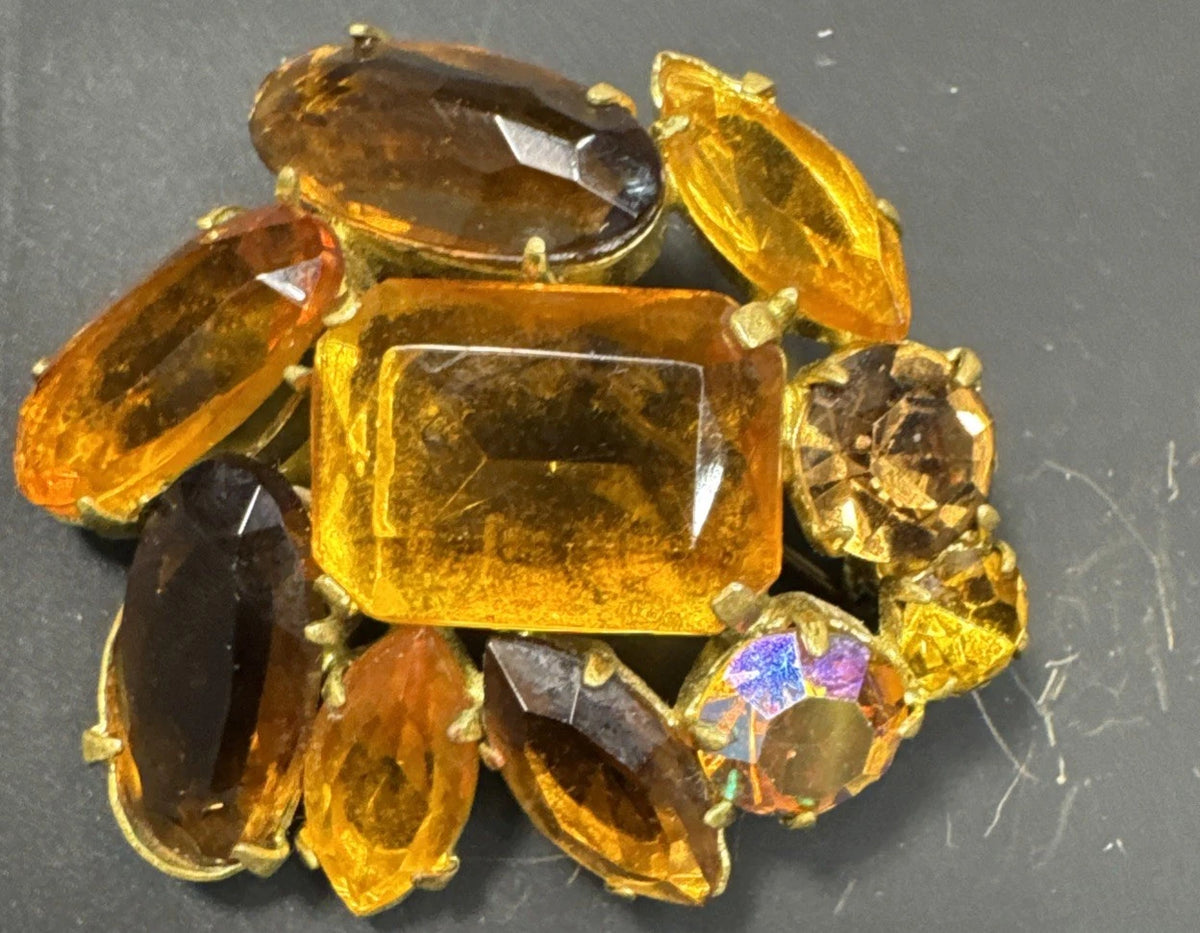 Lot 2 Vintage Czech Glass Brooches Red Amber Yellow Brown Rhinestone Pins