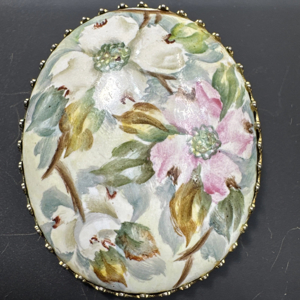 Victorian French Roses Hand Painted Porcelain Brooch Oval Floral Pin Vintage