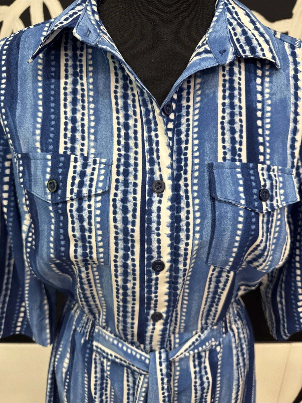 Millenium Blue Stripe Shirt Dress Belted Women's Small Roll Tab Sleeve
