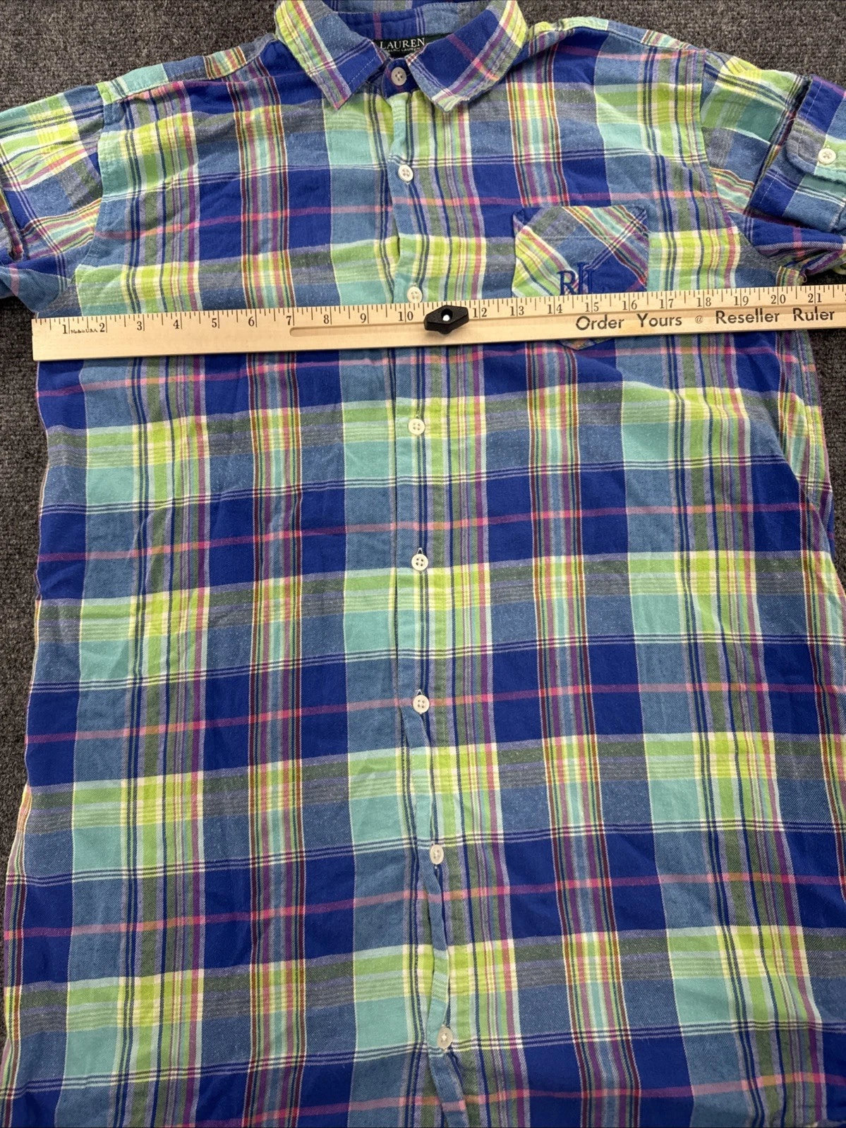 Lauren Ralph Lauren Madras Plaid Shirt Womens M Blue Green Pink RL Monogram
