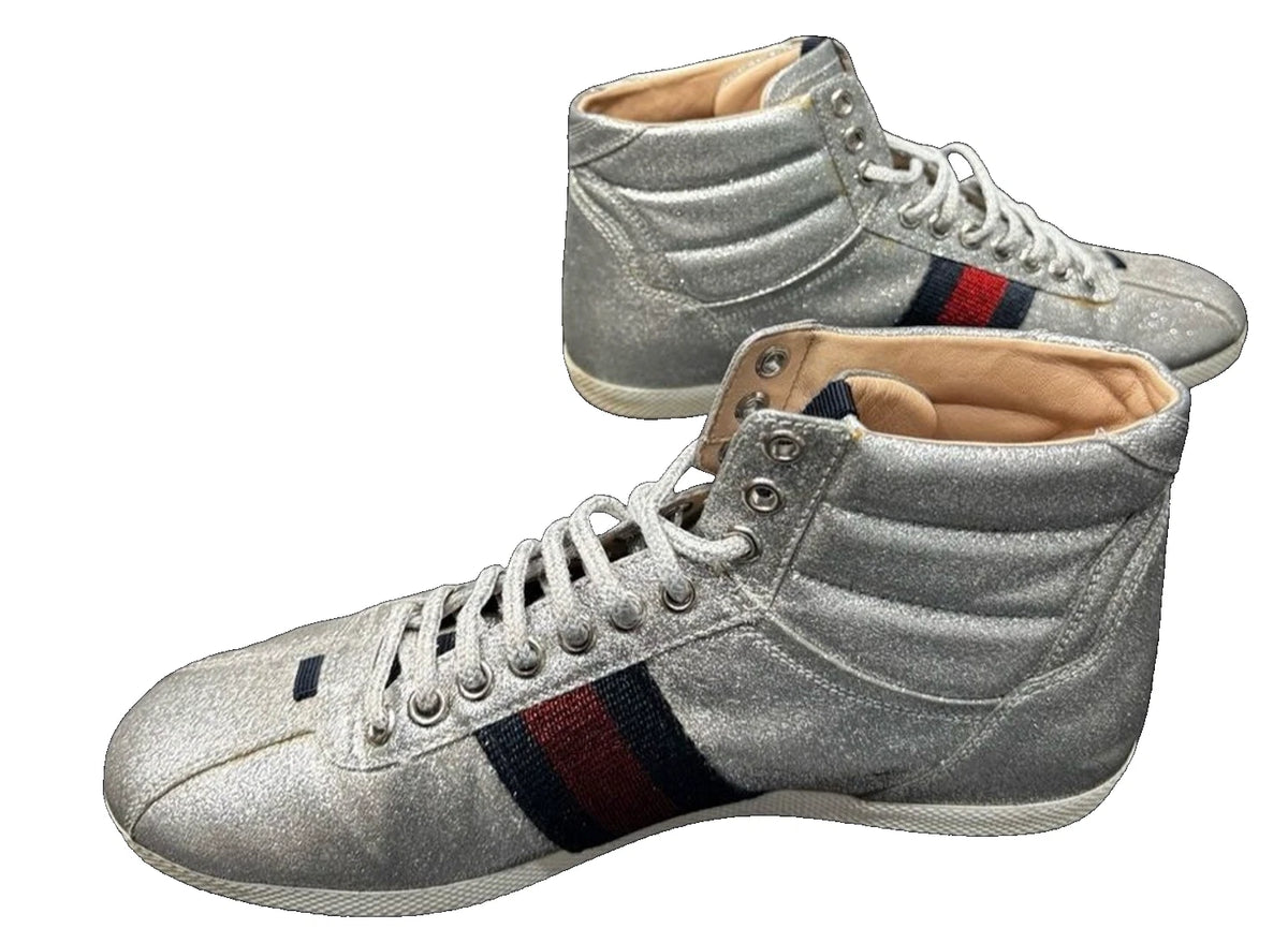 Gucci Glitter Web High Top Sneakers Women EU 38 Silver Designer Shoes Italy