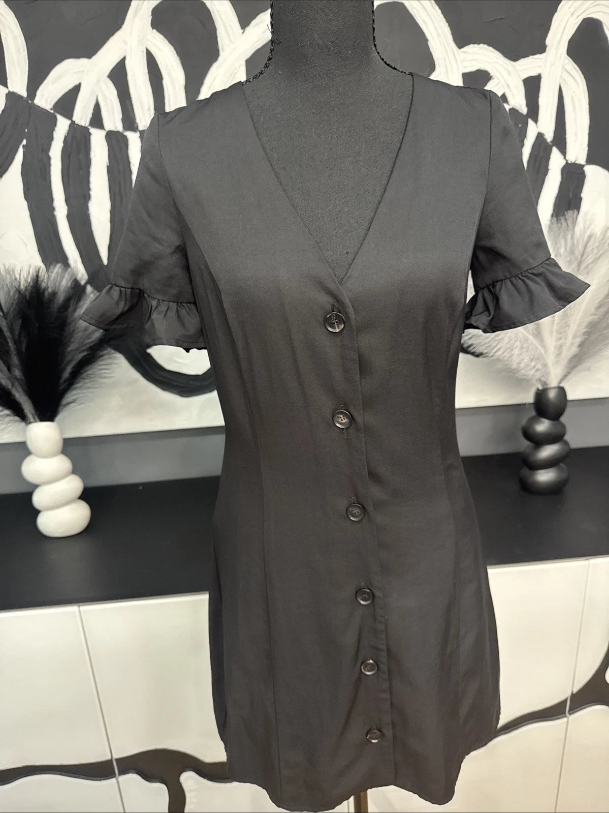 TRF Collection Black Button Front Mini Dress Women’s 8 Puff Sleeve Cottagecore