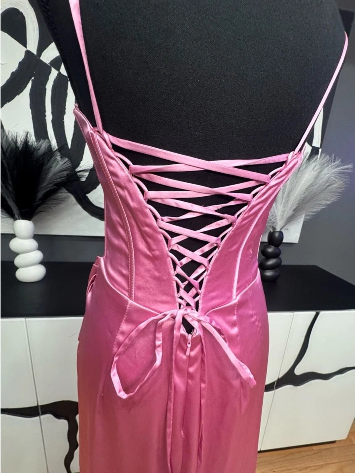 Ladivine Pink Satin Corset Gown Women's 6 Crystal Straps High Slit Formal