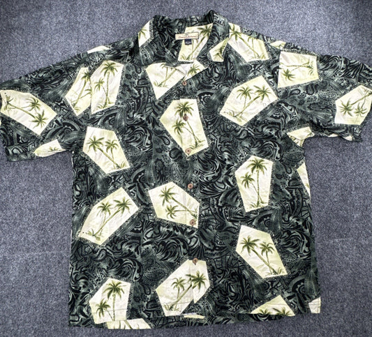 Tommy Bahama Silk Shirt Mens L Palm Tree Hawaiian Aloha Camp Green Ivory