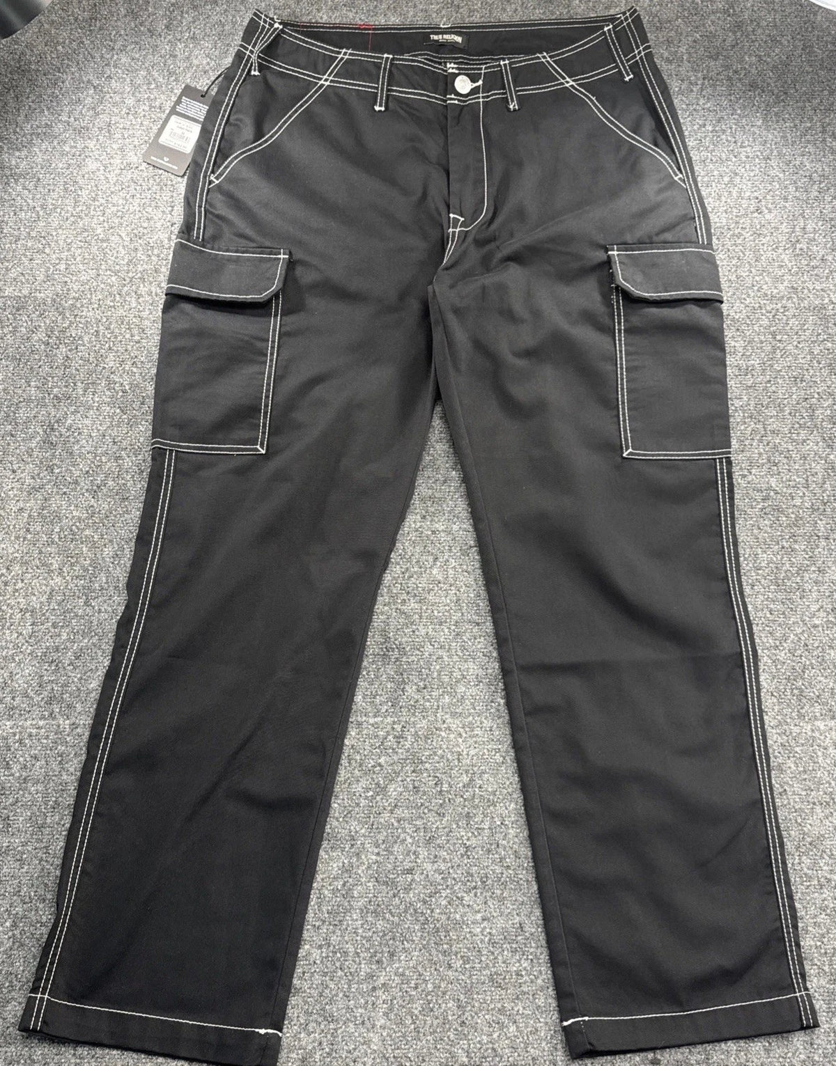 True Religion Mens 34x32 Black Cargo Pants Contrast Stitch Horseshoe NWT