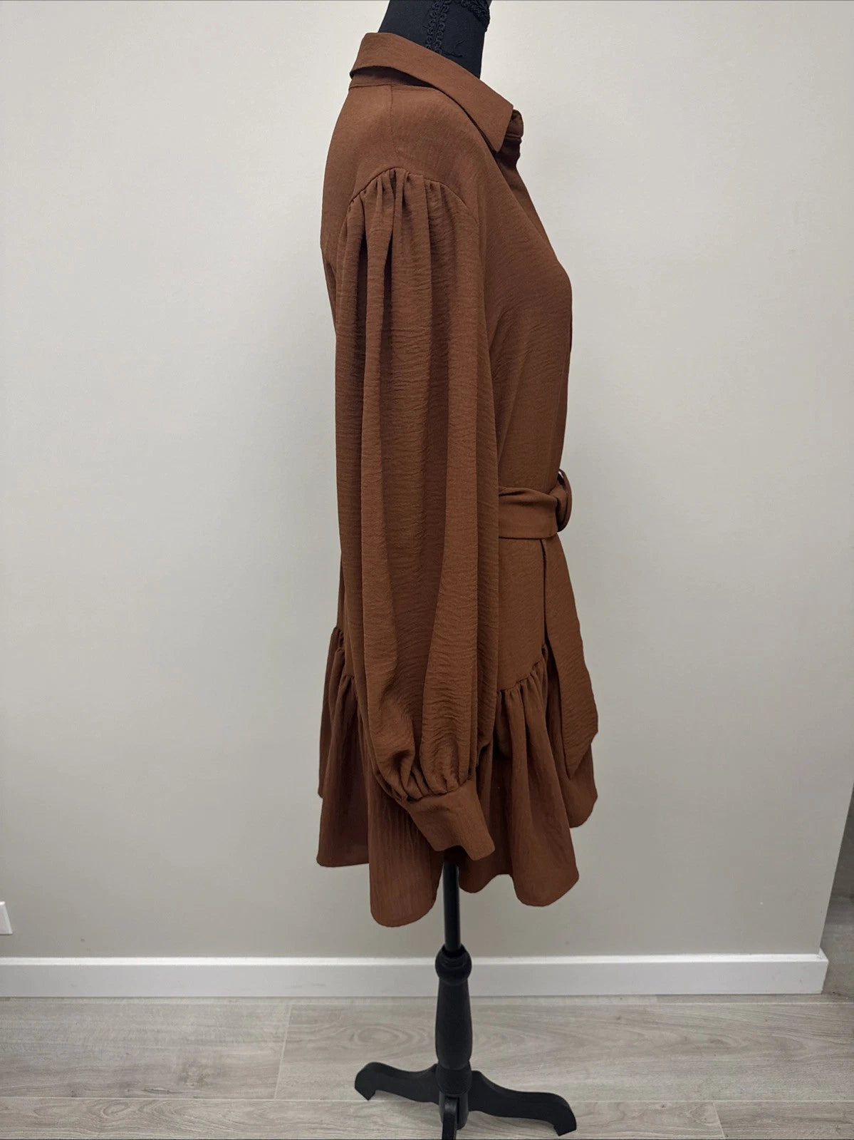 SHEIN Brown Belted Shirt Dress Women’s Medium Long Sleeve Ruffle Hem Boho