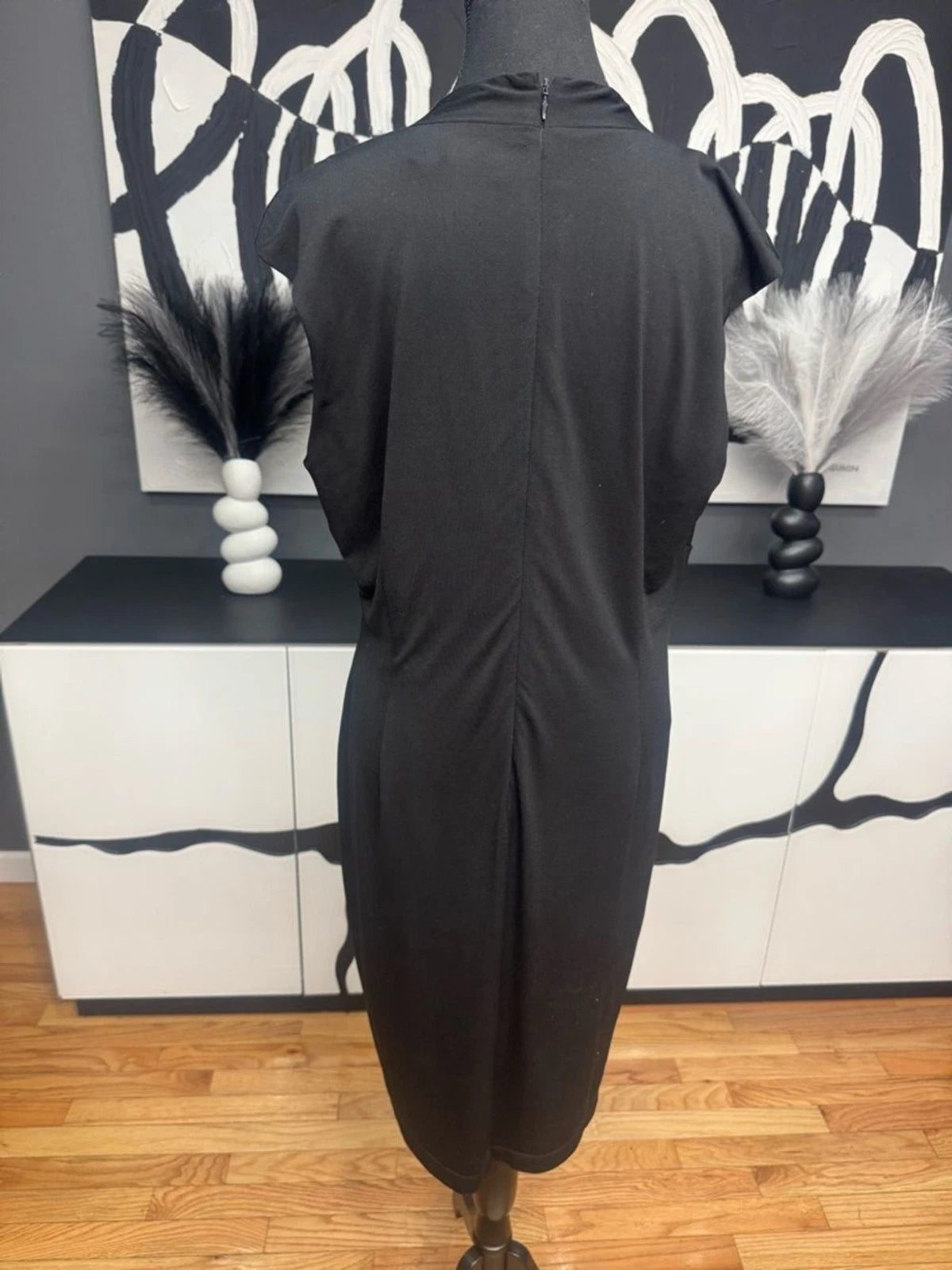 Ellen Tracy Faux Wrap Midi Dress Black Gold Accent Women's 14 Career Elegant