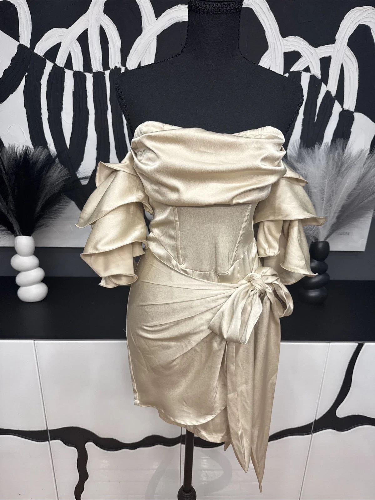 PrettyLittleThing Satin Off Shoulder Mini Dress Women’s US 4 Champagne Ruffle