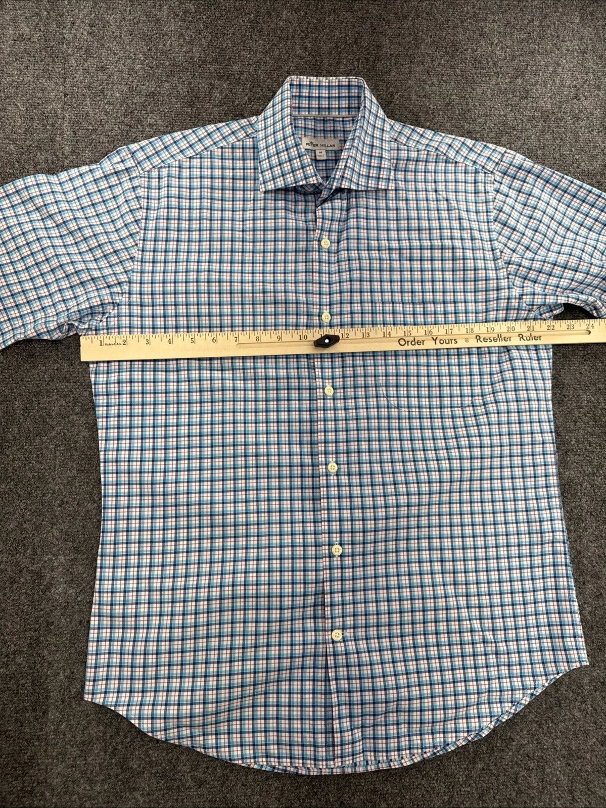 Peter Millar Plaid Button Front Shirt Men’s Medium Blue Pink Short Sleeve
