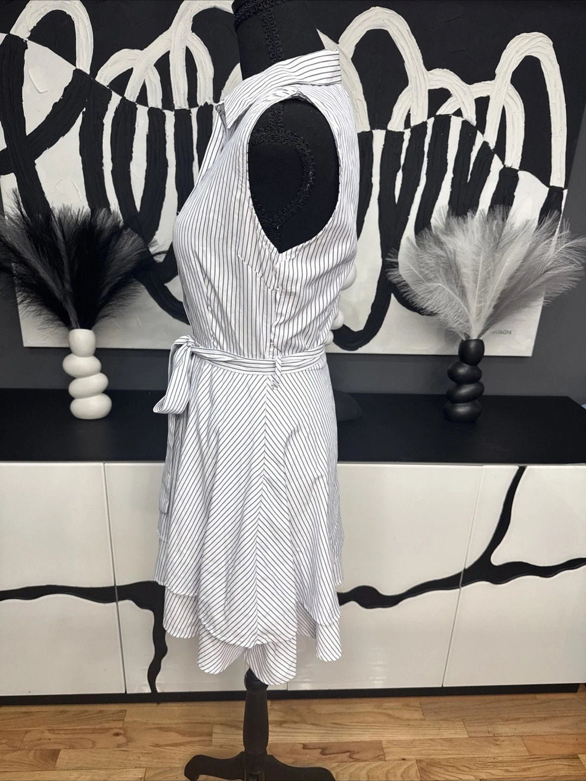 Love Notes Blue White Striped Shirt Dress Women's Large Sleeveless Belted Mini